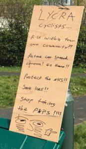 A sign put up in Huby warning cyclists to stay away during coronavirus